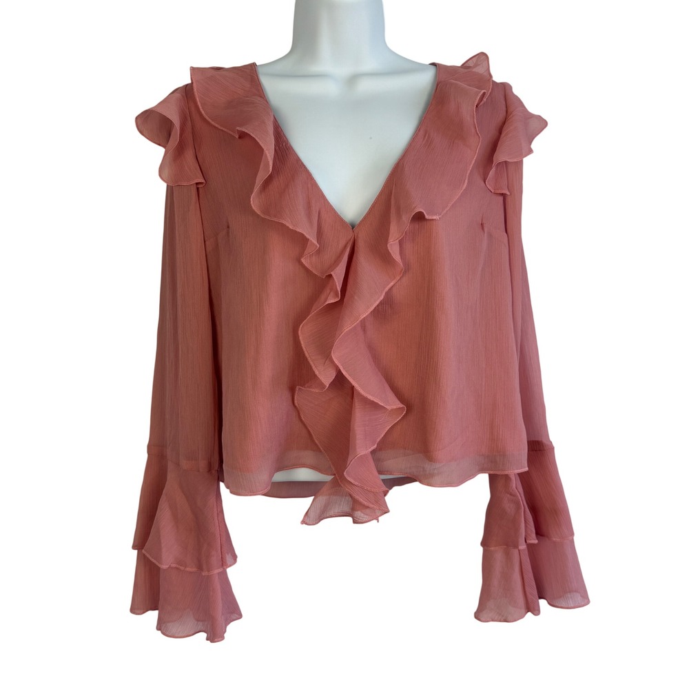 New American Eagle Ruffle V-Neck Blouse Pink Tiered Bell Sleeve Chiffon Small